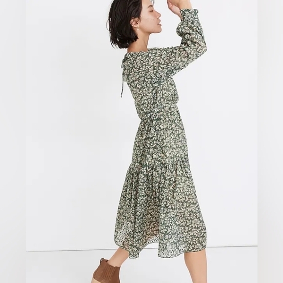 Madewell Ruffle-Neck Tiered Midi Dress in Forest Leaves romantic floral forest M - Picture 1 of 9